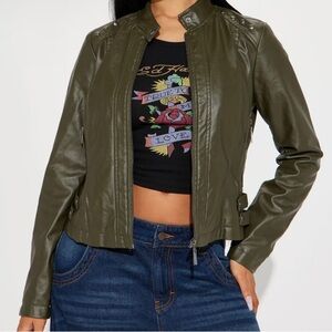 Olive Green Faux Leather Jacket